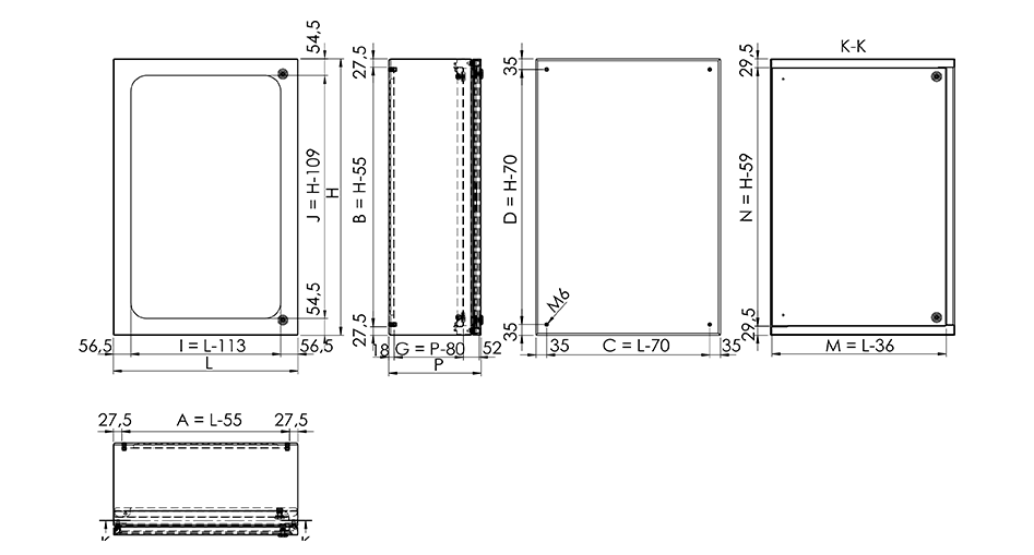 Foto dimensiones Cajas con puerta de lexan y contrapuerta EKOV