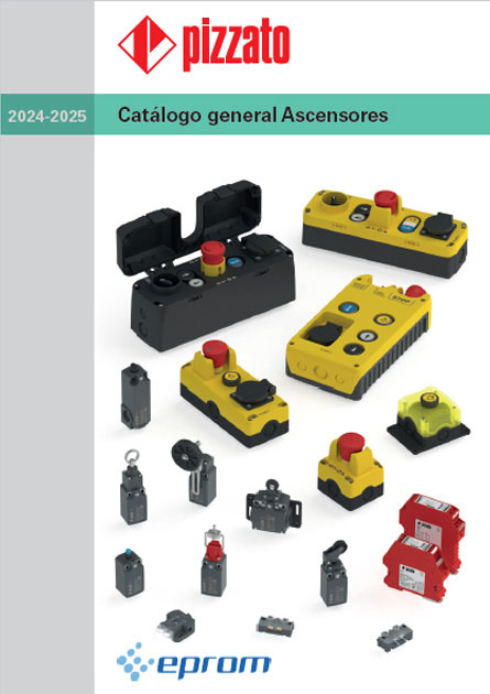 Portada catálogo de componentes para ascensor Pizzato Elettrica, seguridad para elevación.