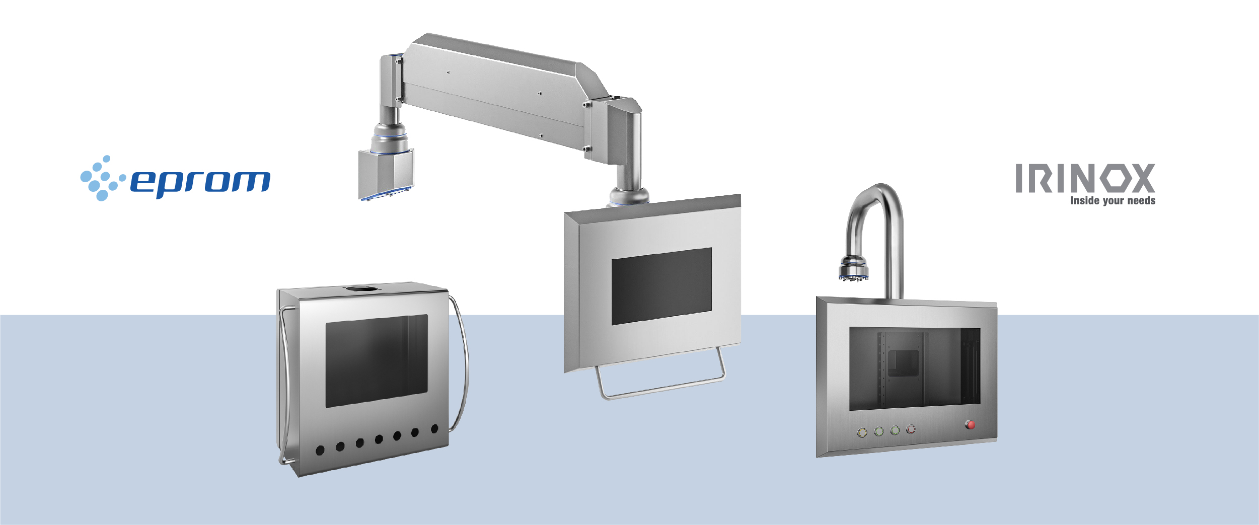 EPROM - IRINOX: tipos de brazos y sistemas de suspensión en acero inoxidable de puestos de control HMI. EPROM - IRINOX: tipos de brazos y sistemas de suspensión en acero inoxidable de puestos de control HMI.