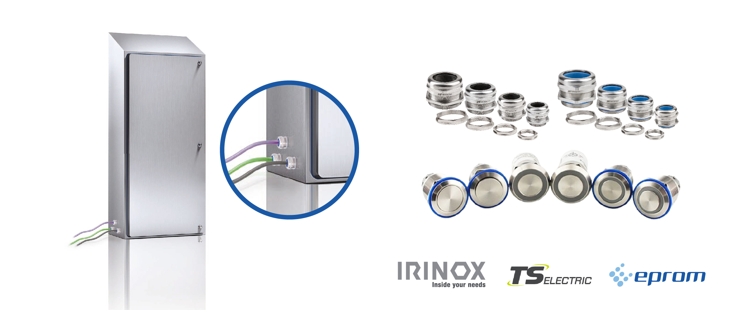 Integración de sistemas de suspensión en acero inoxidable completos: puesto de control HMI higiénico con envolventes, prensaestopas y pulsadores. Integración de sistemas de suspensión en acero inoxidable completos: puesto de control HMI higiénico con envolventes, prensaestopas y pulsadores.